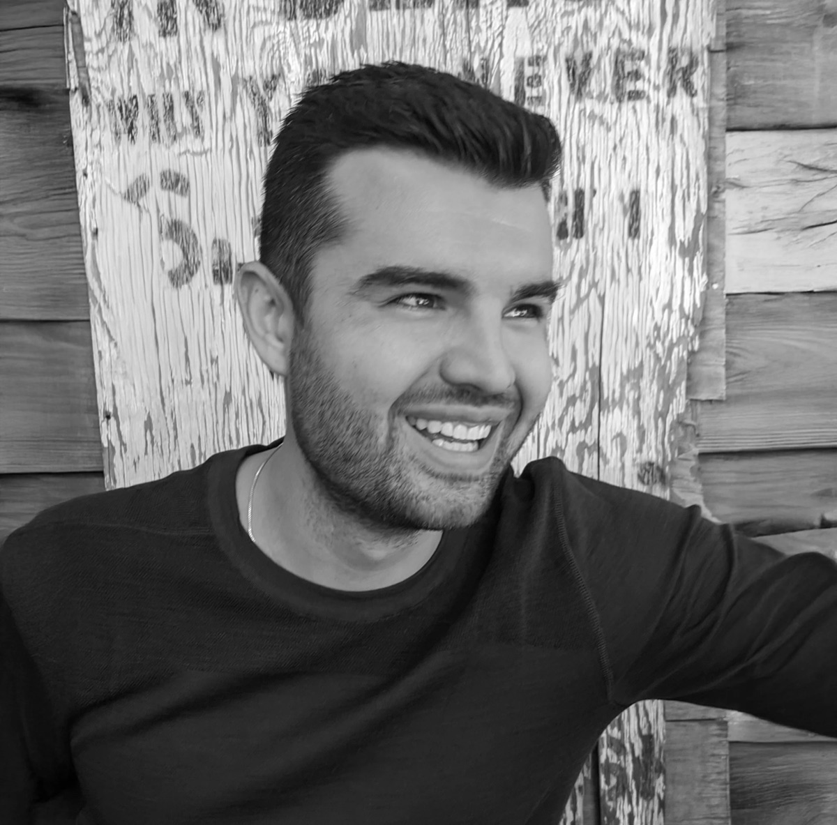 Black and white photo of Matt Viteri